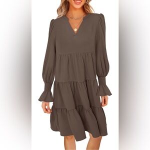 MEROKEETY Long Sleeve Midi Dress V Neck Flowy Swing Ruffle Tiered Fall Casual